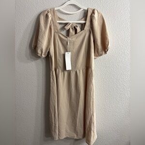 NWT OFEEFAN Beige Cream Women's Dress With Puffy sleeves and bow Neutral Size M